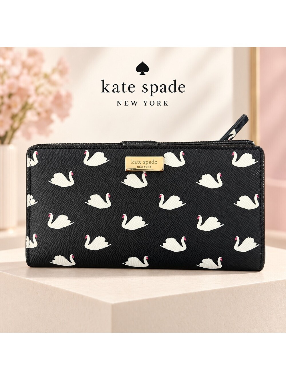 Kate Spade New York Black Swan Print Zip-Around Continental Wallet - Picture 1 of 9